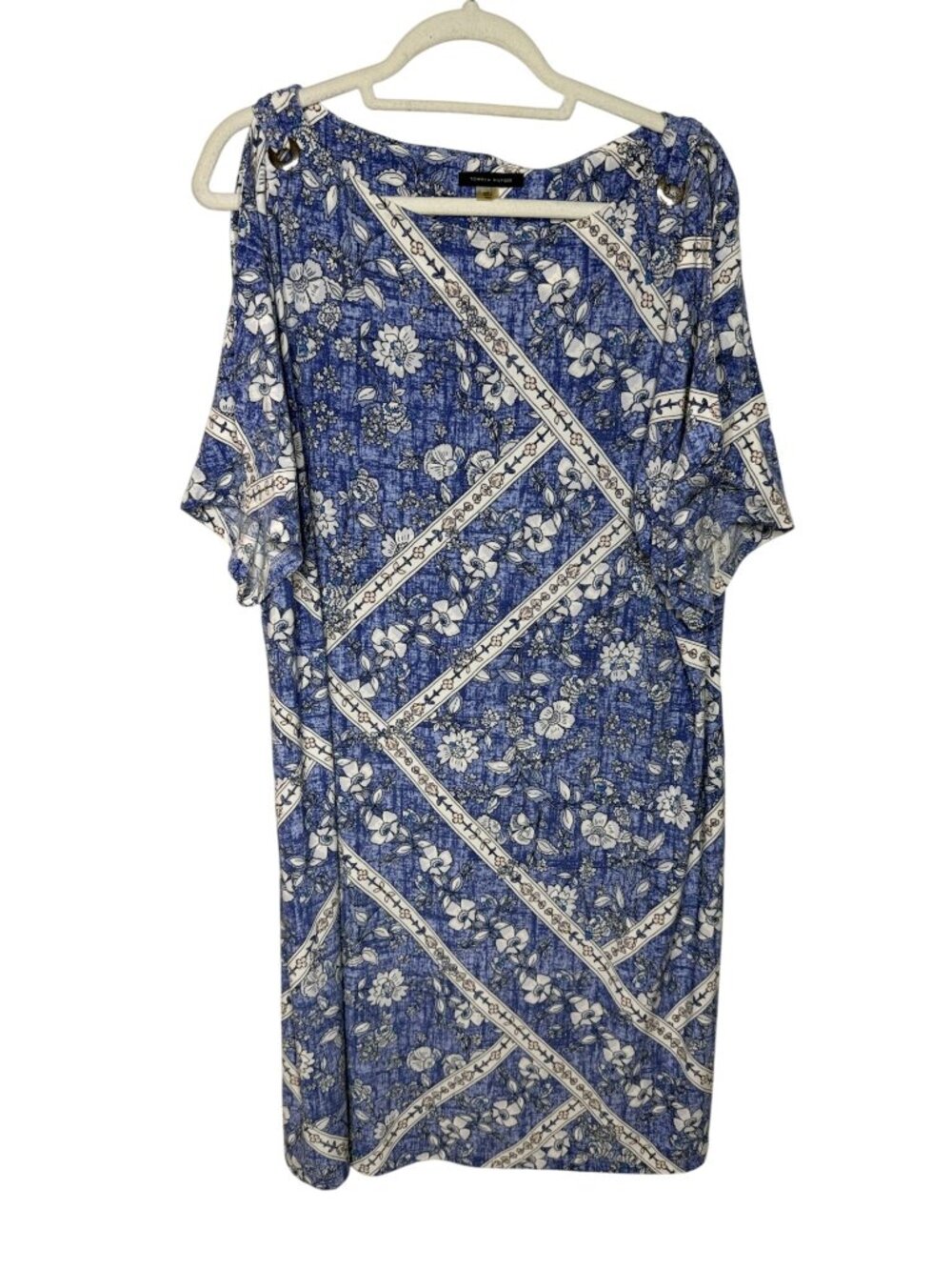 Tommy Hilfiger 18W Blue Floral Shift Dress Slit Sleeve Plus Size